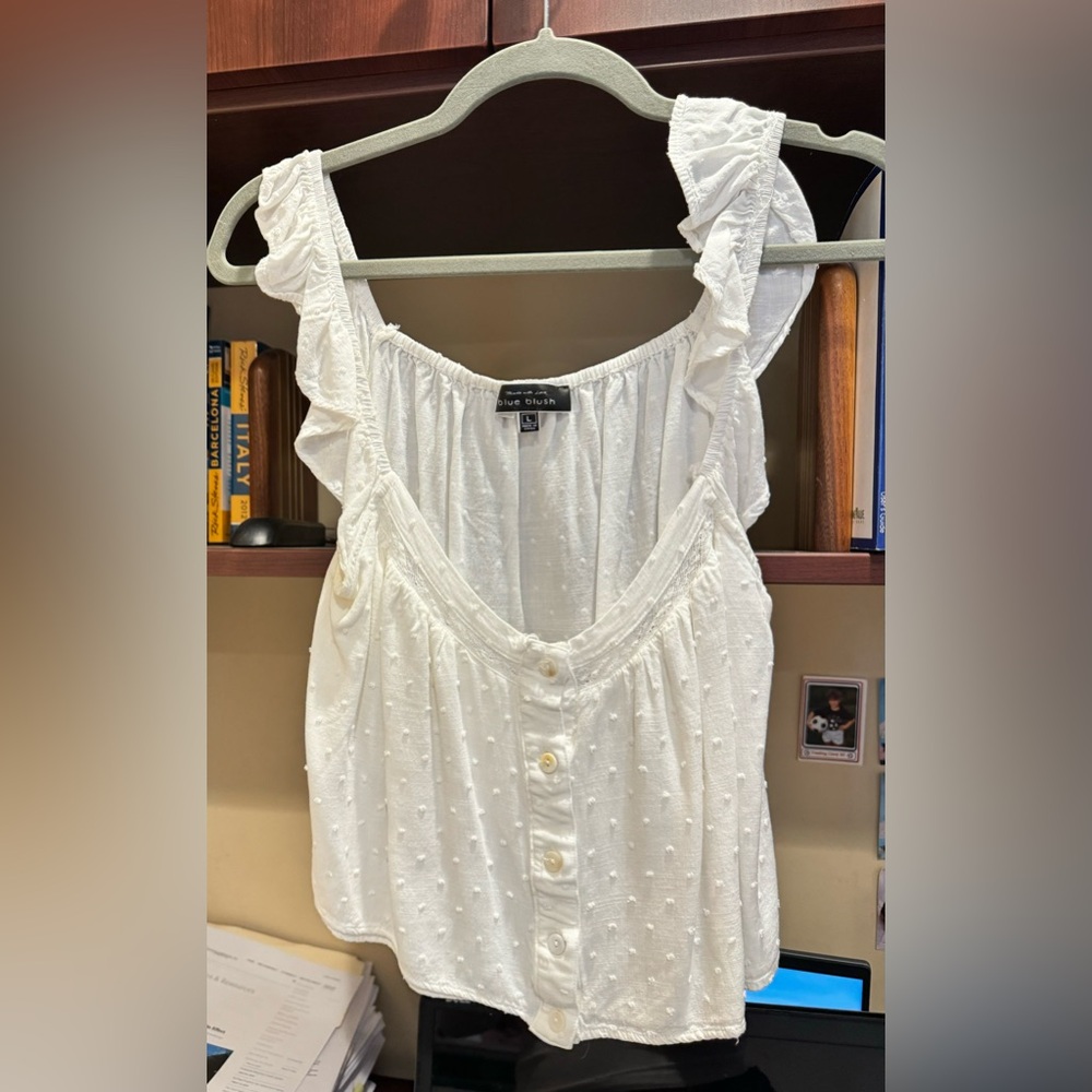 Blue Blush White ruffle button tank